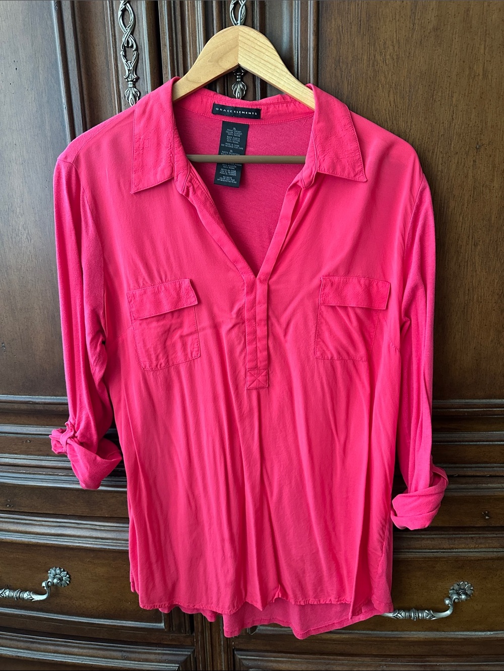 Grace Elements Bright Pink Roll Up Sleeve Blouse